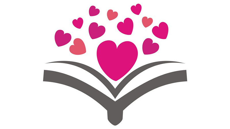 Clip art of a book with pink hearts coming out of it