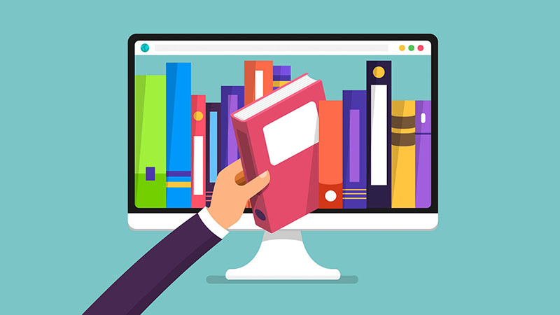 Clip art of a hand pulling a book from a shelf within a computer monitor