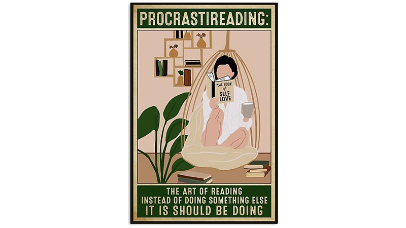 Procrastireading -The art of reading instead of doing something else it should be doing with graphic of with clip art of a person reading in a hanging chair with a hoseplant, books and knickknack shelf in the background