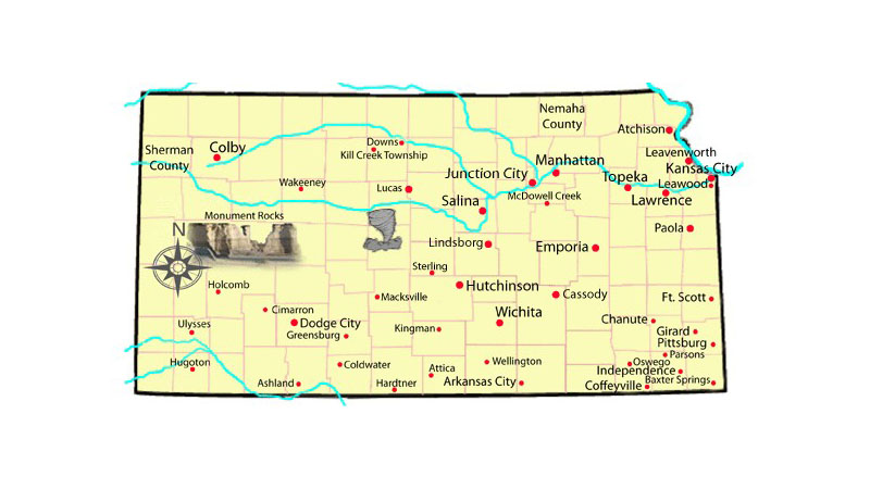 Had drawn map of the State of Kansas with key landmarks and major cities listed