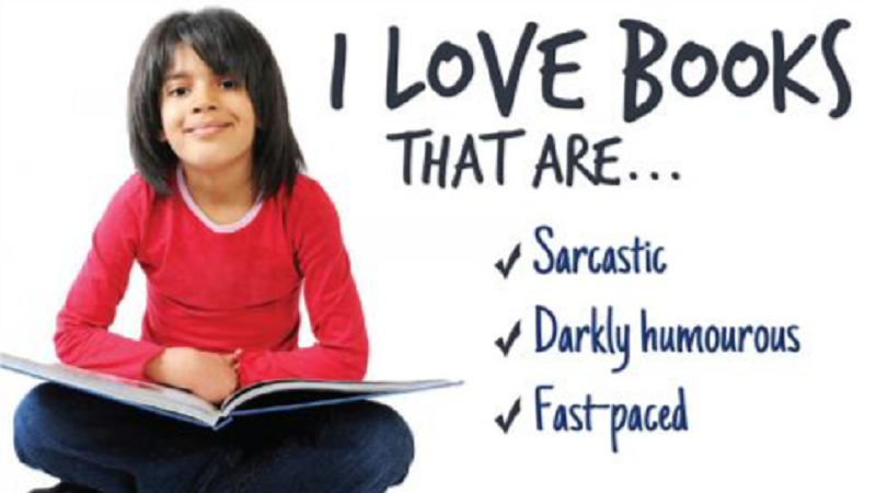 A woman with a book and text beside her reading "I love books that are... sarcastic, darkly humorous, fast-paced"