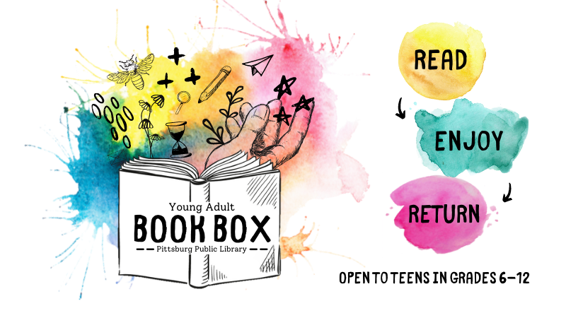 An illustration of a book with watercolor paint and images such as hands, stars, paper airplanes, etc. behind it. Beside it is three more brightly colored watercolor splashes with the words "Read", "Enjoy", "Return", and "Open to teens in grades 6-12" on them.