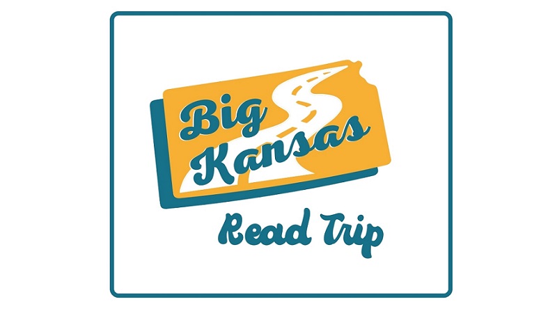 Outline of Kansas with a road overlaid and text reading "Big Kansas Read Trip"