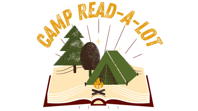 Camp Read-A-Lot Logo Trees a tent and campfire setting on an open book