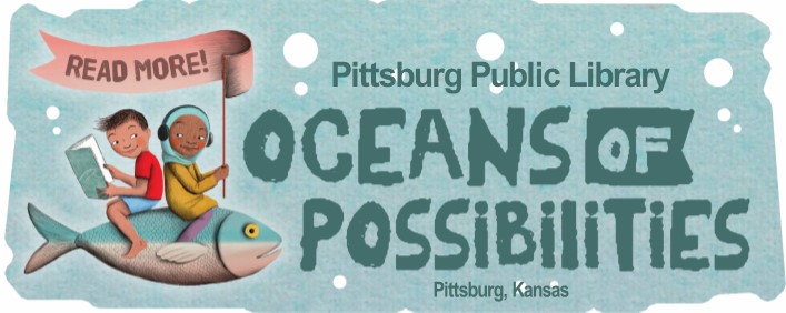 Blue background with kids riding a fish, holding a banner that says "Read More." Large text "Oceans of Possibilities" on a blue background.