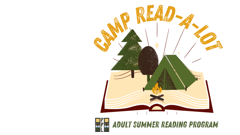 "Camp Read-A-Lot" in yellow over open book with trees, tent, and a campfire