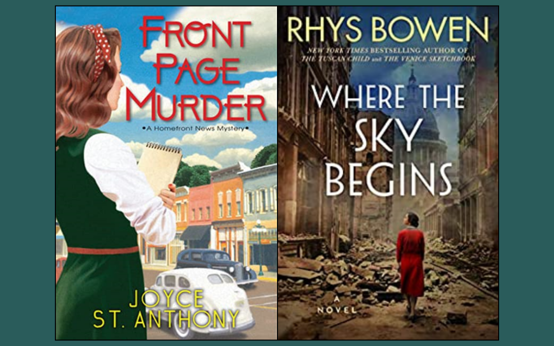 Two book covers side by side “Front Page Murder” by Joyce St. Anthony and “Where the Sky Begins” by Rhys Bowen