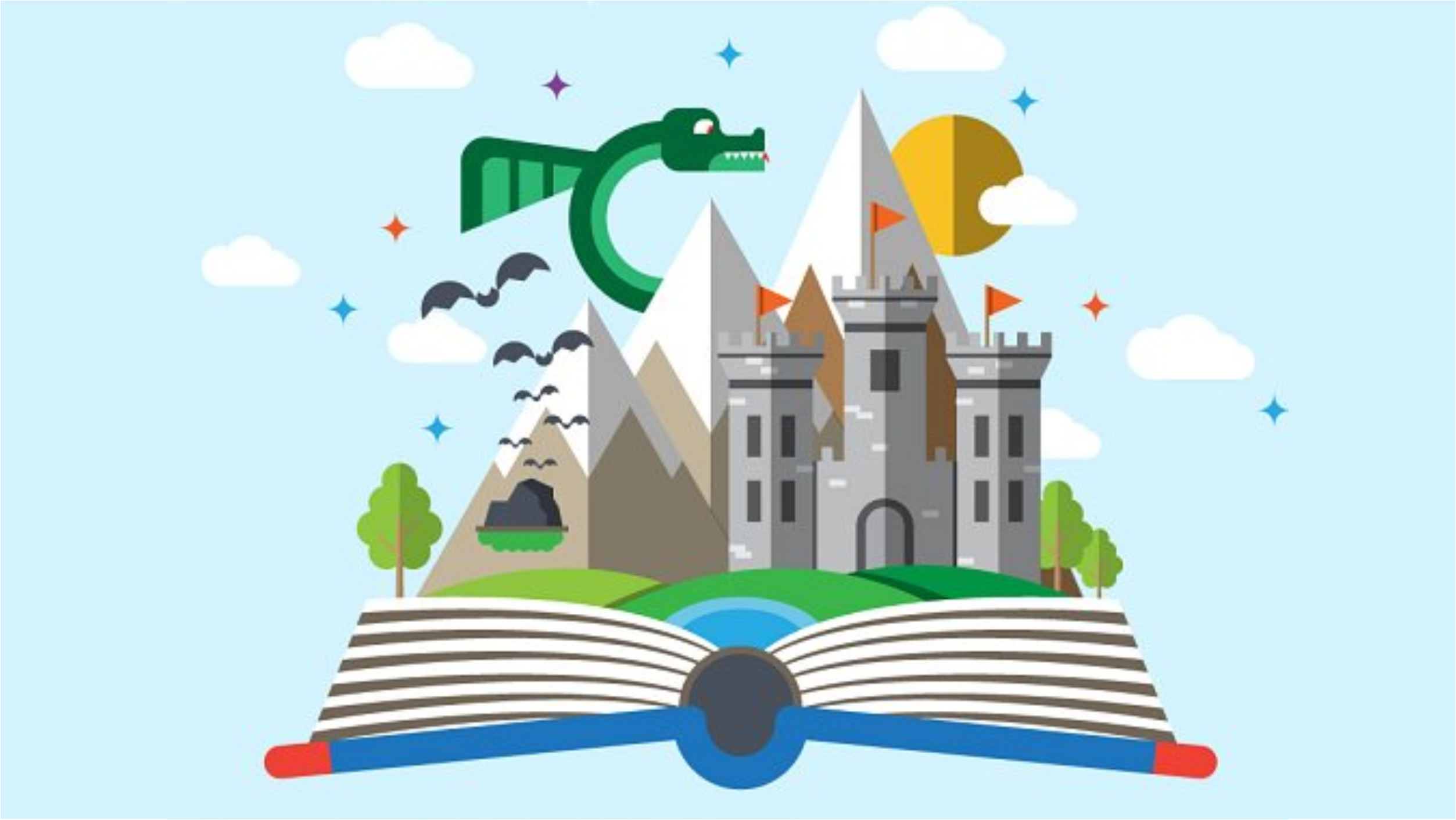 Open story book with castle, dragon, mountains, and moon