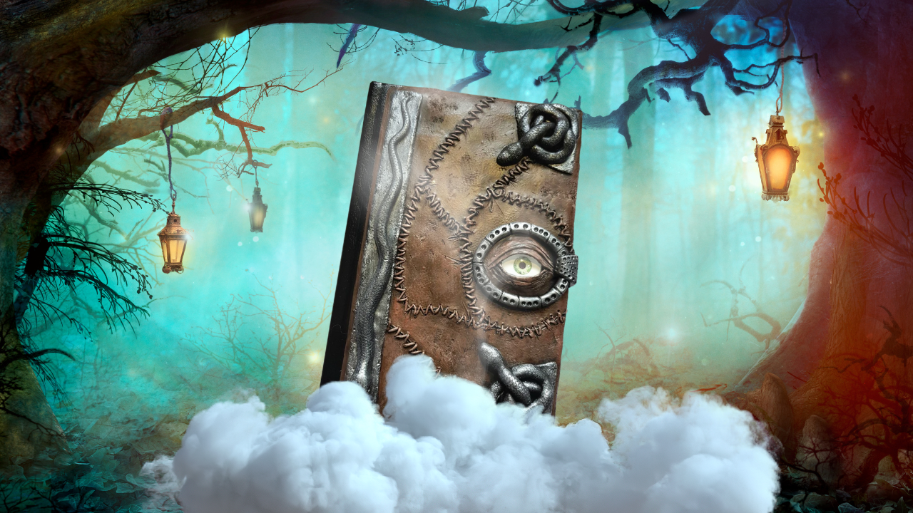 Eerie tree background with a spell book and magical clouds