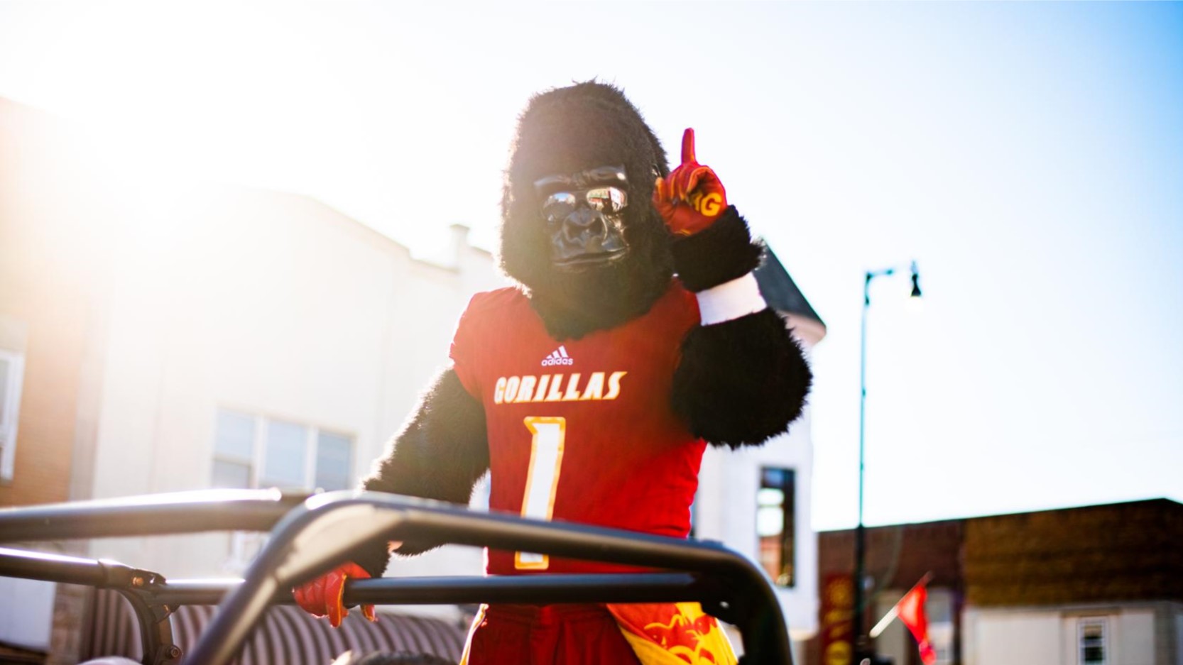 Photo of Pittsburg State University's mascot, Gus Gorilla, in the homecoming parade