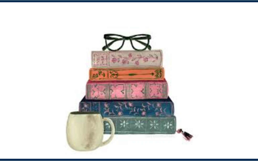 Graphic with a stack of books, glasses, and a mug. Graphic Credit: Lindsay Brackeen Art