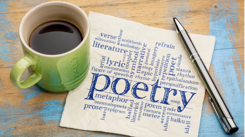 Photo graphic with POETRY written in large print as part of a collage. Graphic includes a cup of coffee and a pen.