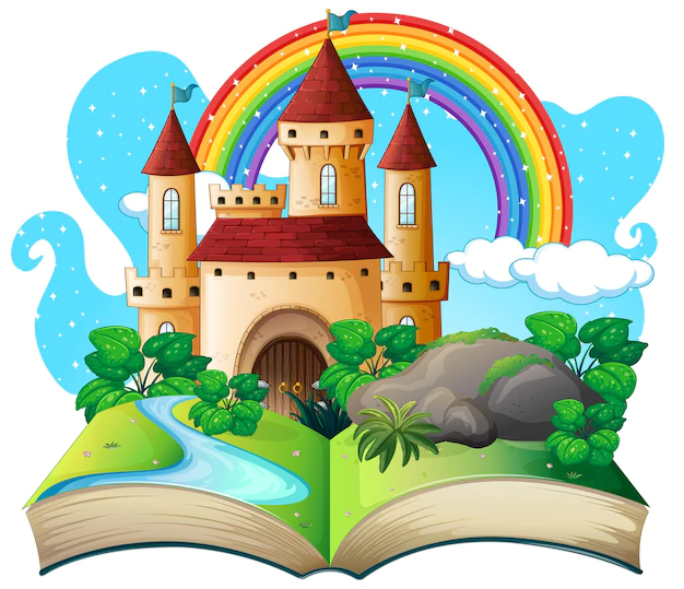 Graphic of an open book with a castle and rainbow over the book