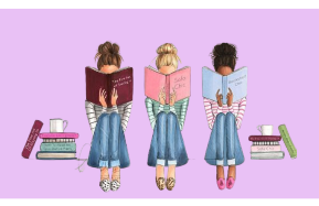 Graphic of three women reading. Pastel pink background.