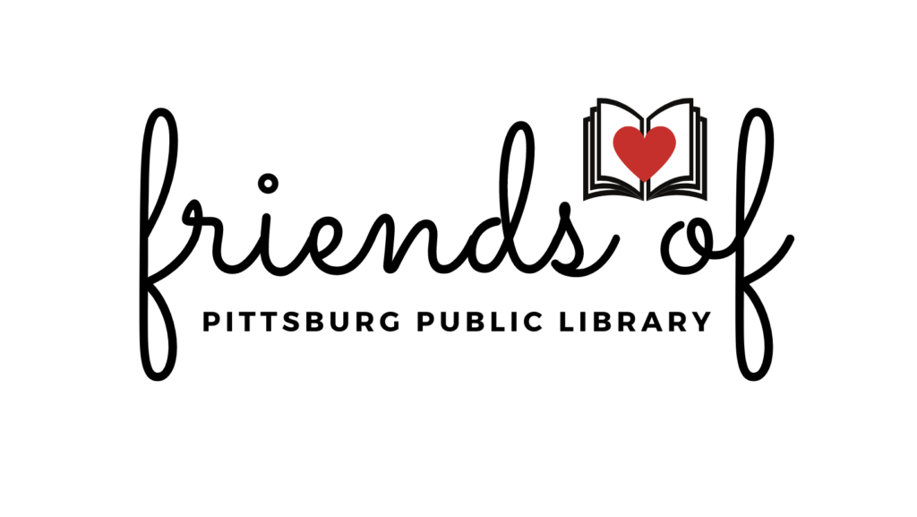 "Friends of the Pittsburg Public Library" Logo. Black and white with a red heart in a book.