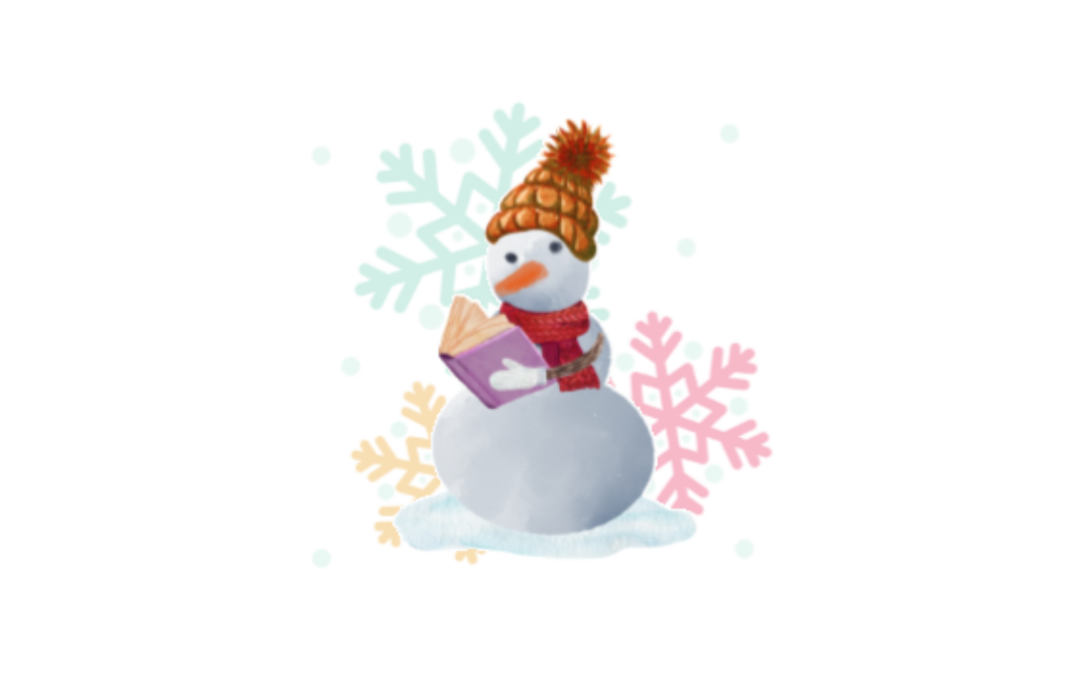 Graphic of a snowman holding/reading a book. Snowflake background