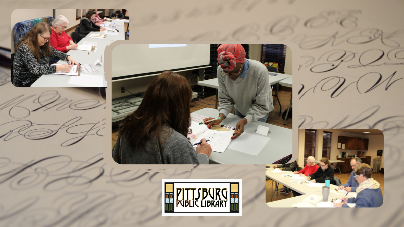 Calligraphy background with three photos of people and instructor at the calligraphy class. Pittsburg Public Library logo.