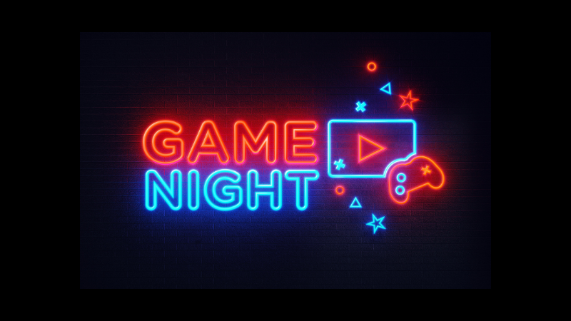 Black background with neon letters in red and blue reading "Game Night"