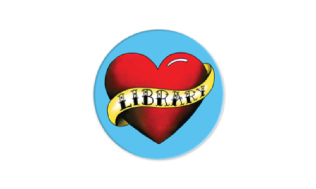 Graphic of a red heart on a blue background. The heart is wearing a yellow sash with the word "Library" in black tattoo letters.