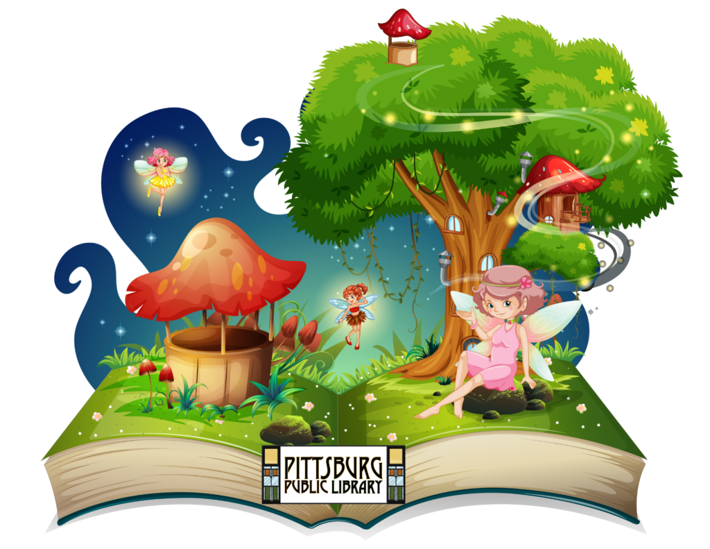 Illustration of an open book with fairies flying around a tree