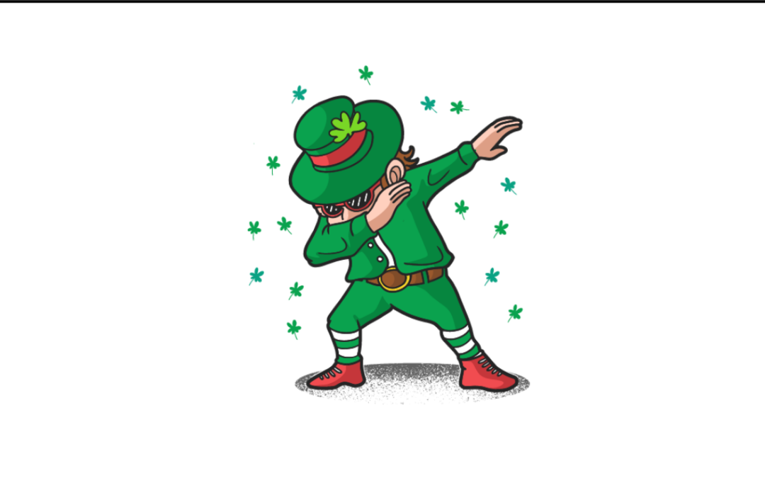 Graphic of a leprechaun dabbing with green shamrocks in the background