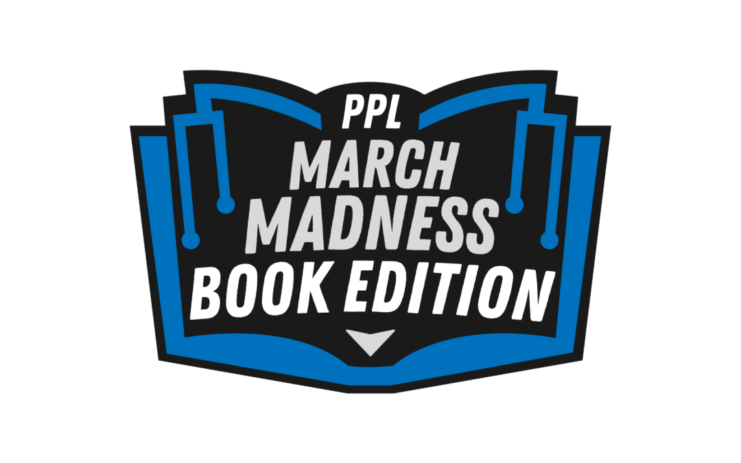 Blue and black logo with words, "PPL March Madness Book Edition"