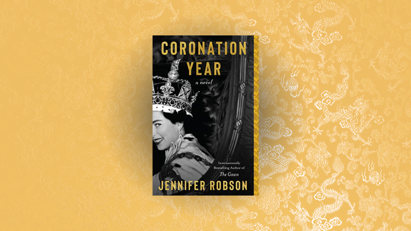 Yellow patterned background with the cover of the book "Coronation Year by Jennifer Robson" centered.