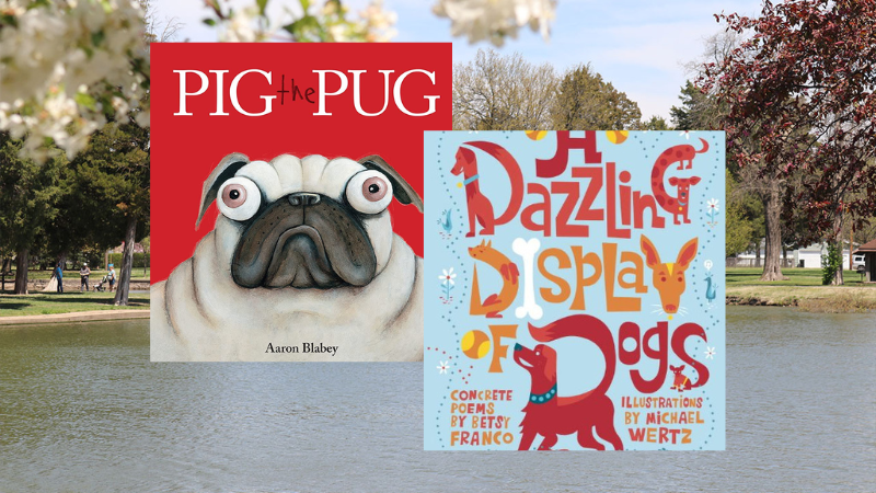Photo of Lakeside Park. The StoryWalk for May is a Double-Feature including the books "Pig the Pug," by Aaron Blabey, and "A Dazzling Display of Dogs," by Betsy Franco and Michael Wertz.