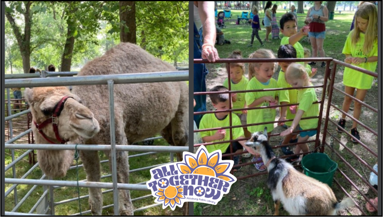 Photo of a camel in a pen and kids petting goats in a pen. Includes "All Together Now" logo