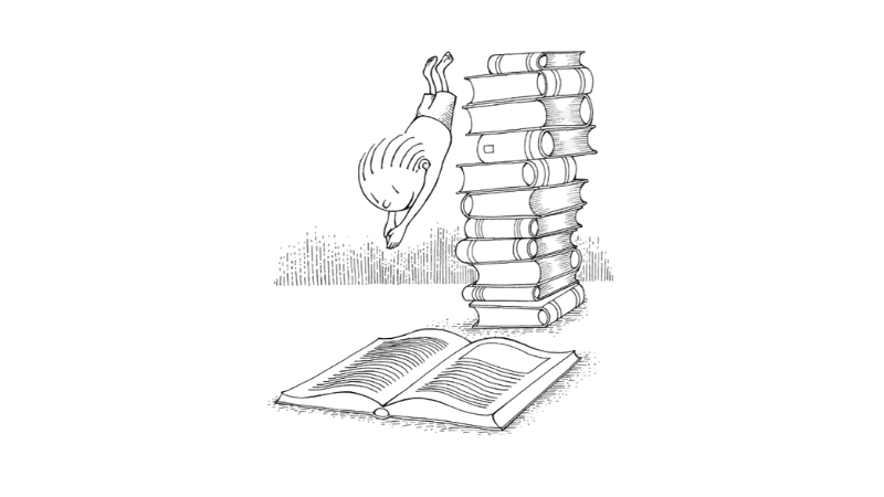 Black and white illustration of a girl diving off a stack of books, into an open and inviting book
