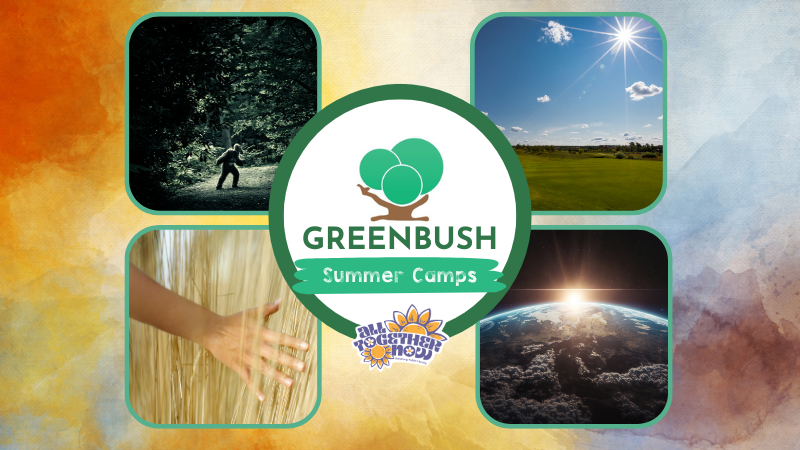 "Greenbush Summer Camps" with four photos representing creatures, meteorology, the senses, and space. Also includes the "All Together Now" at "Pittsburg Public Library" logo