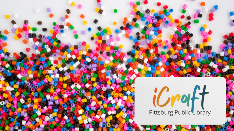 Colorful, scattered fuse beads with the "iCraft Pittsburg Public Library" logo in the bottom right corner.