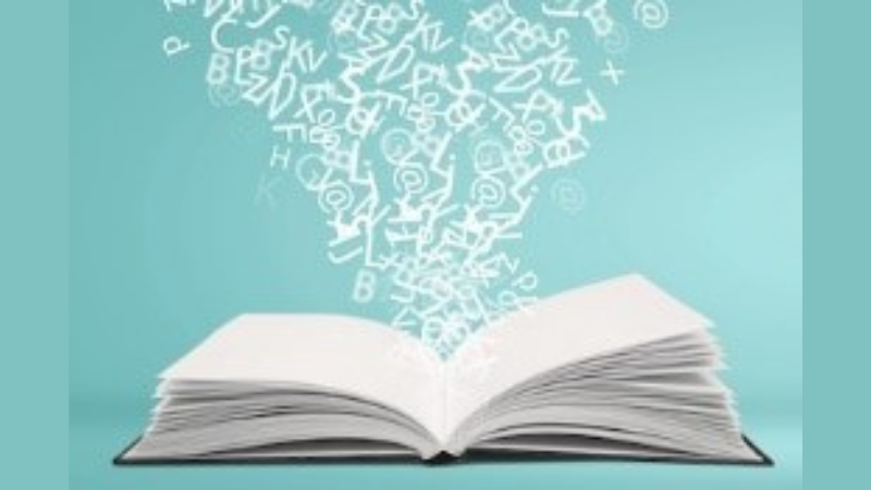 A graphic of an open book with letter flying out of it