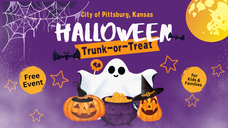 Joining forces, the Pittsburg Public Library, Pittsburg City Hall, Memorial Auditorium, and the Pittsburg Police Department are teaming up for a fun, free Halloween experience for kids and families!