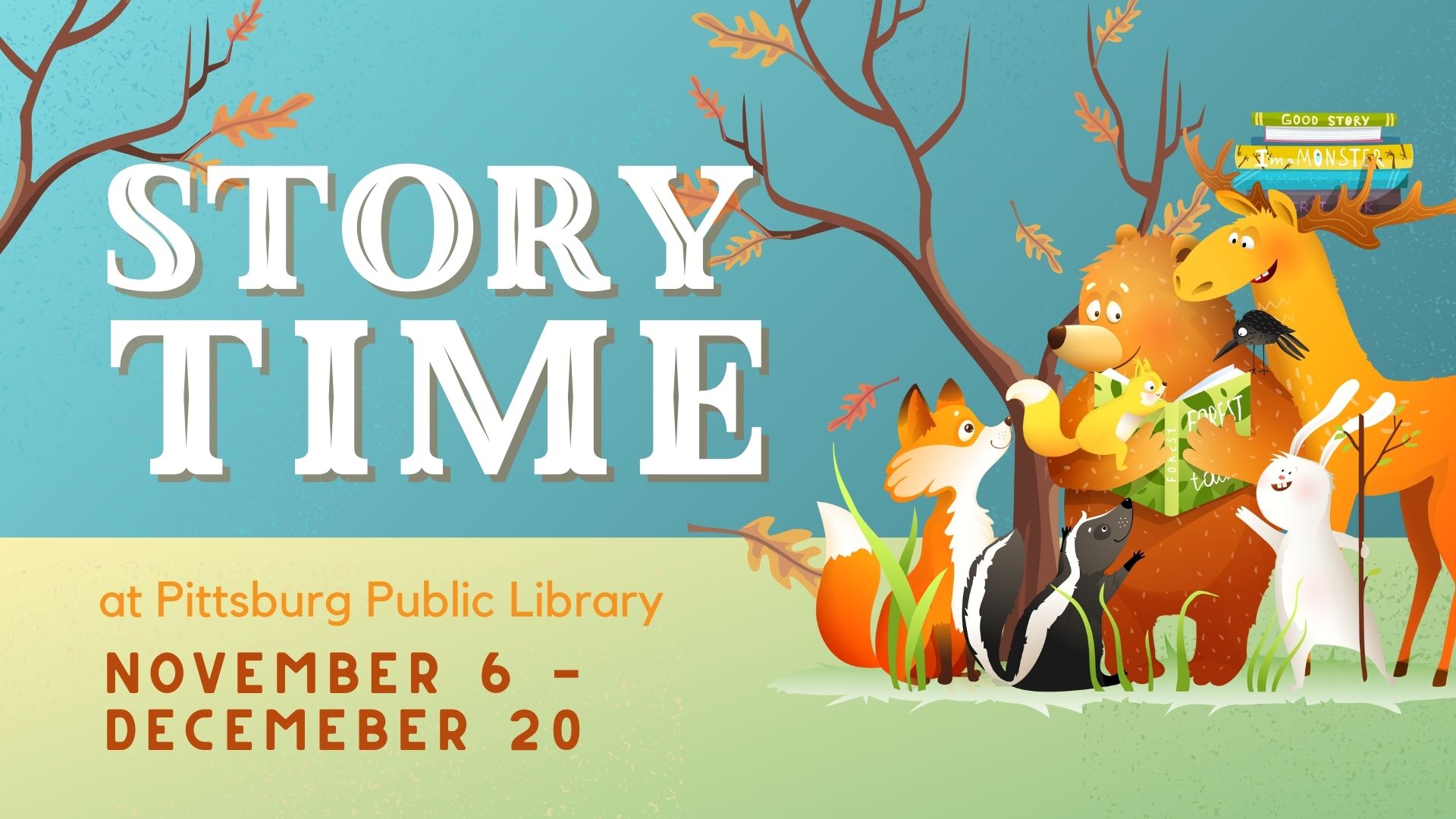 Story Time @ the Library. Woodland animals reading a book.
