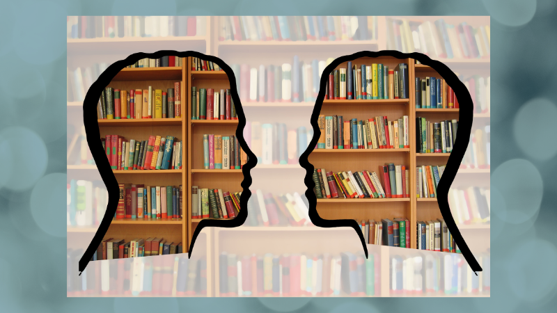 An image of two heads with a bookshelf pattern. They are discussing important stuff!