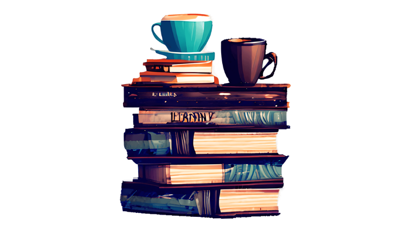 White background with a graphic including a stack of books and two coffee/tea cups