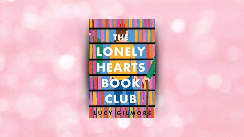 Pink background with the cover of The Lonely Hearts Book Club by Lucy Gilmore.