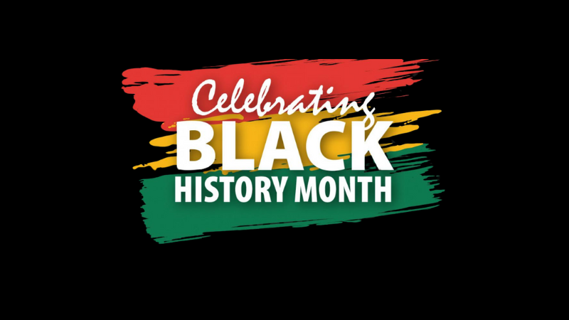 Black background with red, yellow, and green paint swipes. The words "Celebrating Black History Month" is written over the colors in white.