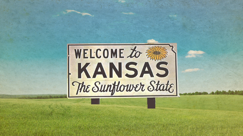 Vintage looking photo of a blue sky and green grass with a large road sign that reads: "Welcome to KANSAS, the Sunshine State."