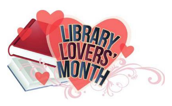 A graphic with books and hearts celebrating "Library Lovers Month."