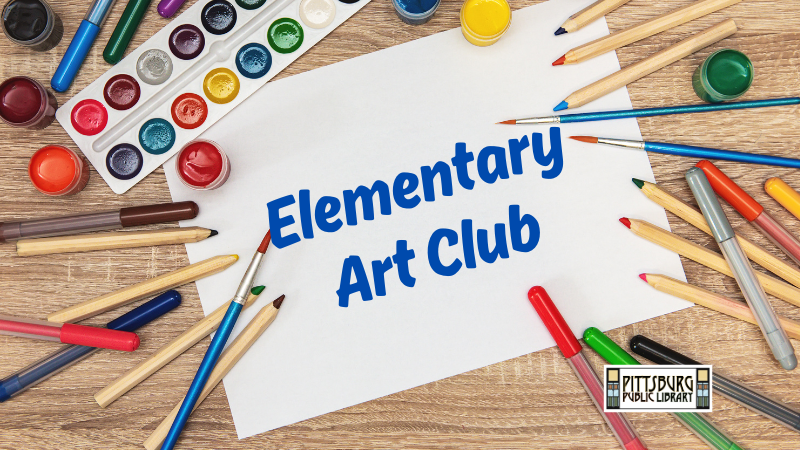 Graphic with various art supplies and text "Elementary Art Club"