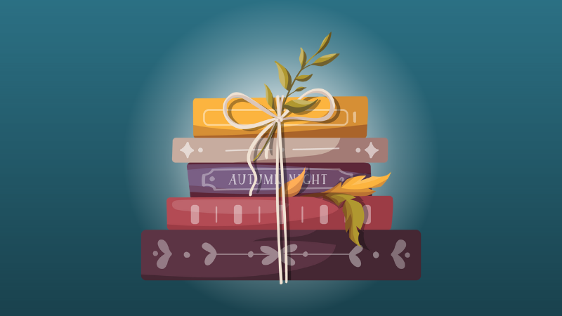 Teal background with a graphic of a stack of books.