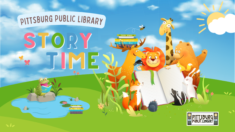 "Pittsburg Public Library Spring Story Time" graphic with animals reading.