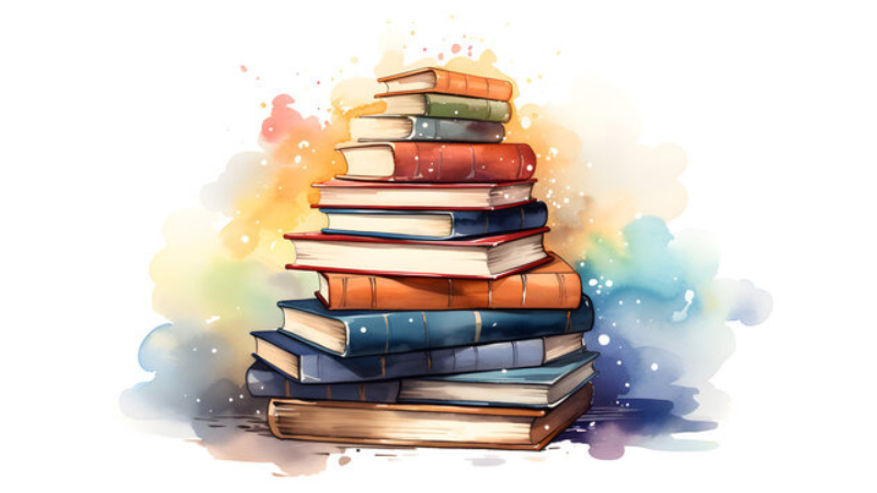 Graphic of an artful stack of books with a watercolor background. No text.