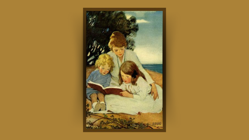 A painting of a mother reading to her children beside a lake.