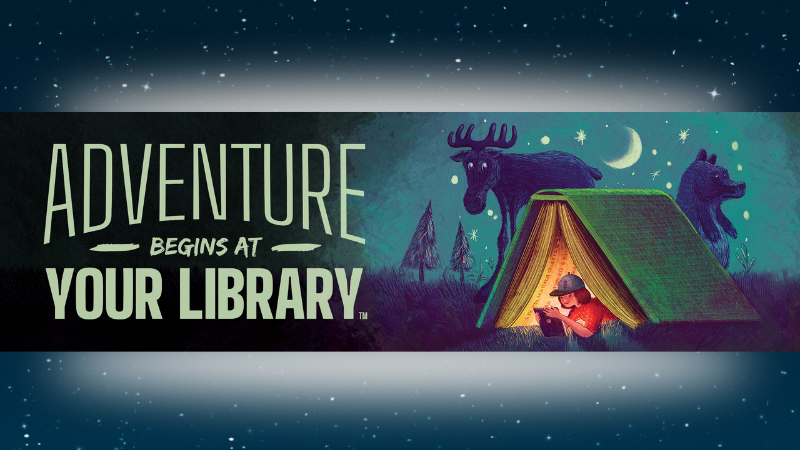 The 2024 Summer Reading Program Logo "Adventure Begins at Your Library."