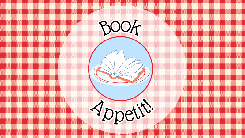 A red checked tablecloth background, with a crappy graphic of a book on a plate. Text: "Book Appetit."