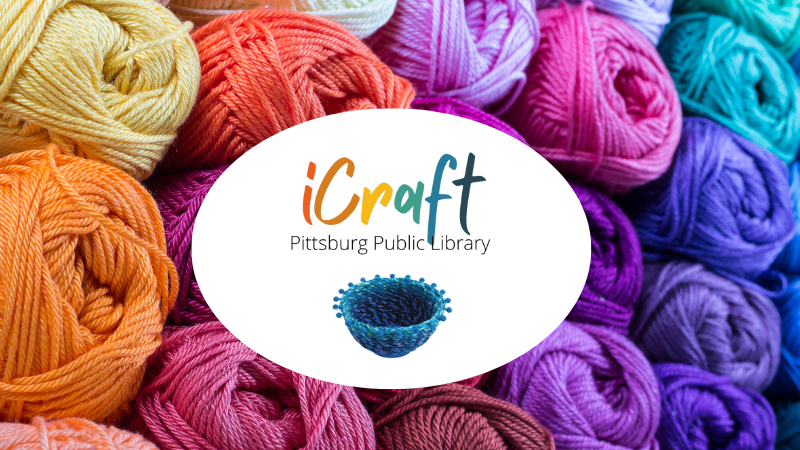 A background of colorful yarn skeins with the iCraft logo in front and a pic of the tiny little basket that we are making.